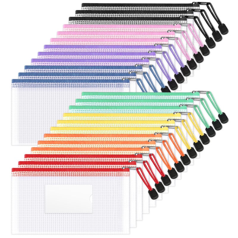 Sooez 24 Pack Mesh Zipper Pouch Bags with Label Pocket, A6 (9.1Ã—4.7 in) Small Pencil Case Pouch for Organizing, Clear Plastic Pencil Pouches Bulk for School Supplies Storage, Money Envelopes for Cash - Image 1